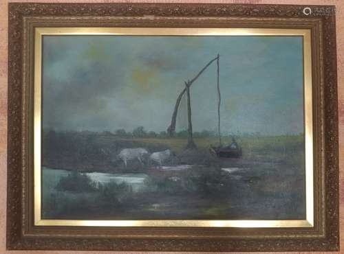 Antique Oil on Canvas of the Deer by the Lake