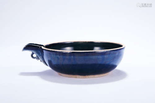 Chinese powder blue porcelain bowl with spout, Yuan