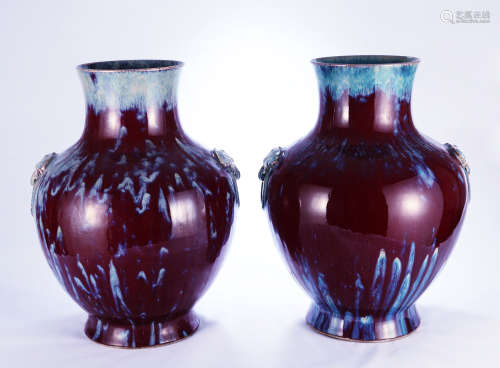 Pair Chinese flambe porcelain vases, Qianlong mark.