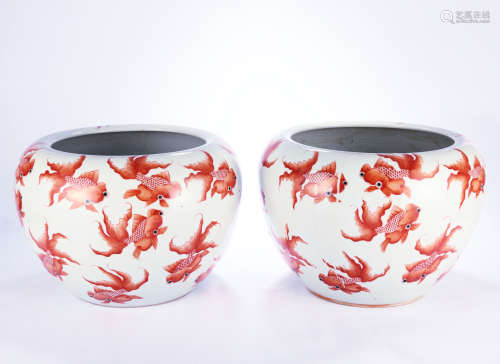 Pair Chinese porcelain fish bowl with iron red gold