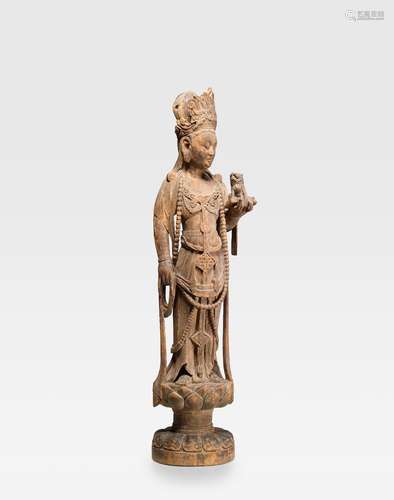 A CARVED WOOD STANDING GUANYIN18th century