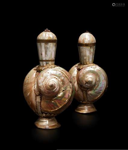 A PAIR OF INDO-PORTUGUESE TURBO AND MOTHER-OFPEARLDECANTERSGujarat, circa 17th century