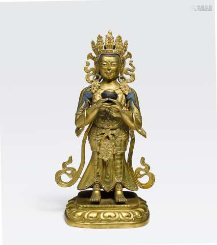 A GILT COPPER REPOUSSÉ STANDING FIGURE OF AMITAYUS Qing dynasty, 18th/19th century