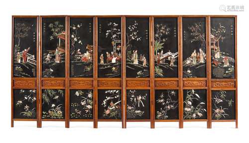 A FINE EIGHT-PANEL HARDSTONE OVERLAY SCREENlate 19th/early 20th century