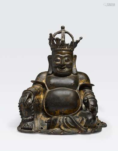 A CAST BRONZE FIGURE OF THE CROWNED BUDAIMing dynasty