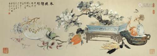 KONG XIAOYU (1899-1984)Still Life with Fruits, Butterflies, and PottedFlowers, 1944