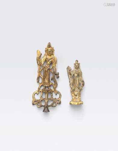 TWO MINIATURE GILT BRONZE BUDDHIST FIGURESTang dynasty