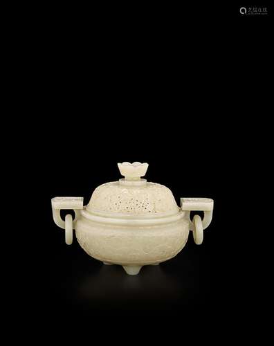 A GREENISH-WHITE JADE COVERED CENSER19th century