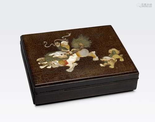 A RECTANGULAR LACQUERED WOODBOX WITH JADE AND MOTHER-OFPEARLOVERLAY DECORATIONQianlong mark