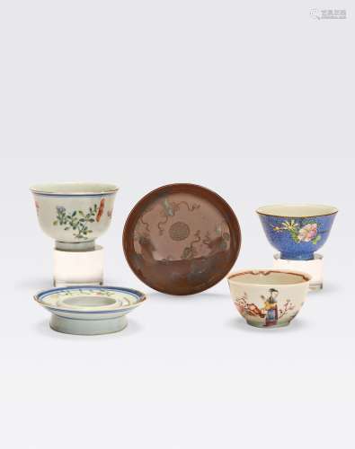 A GROUP OF THREE POLYCHROME ENAMELED CUPS
