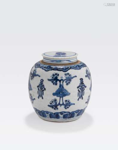 A BLUE AND WHITE GINGER JAR AND COVER