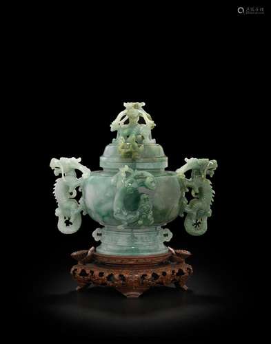 A CARVED JADEITE LIDDED CENSER