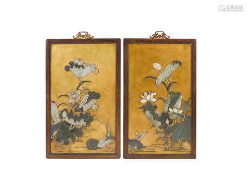 A PAIR OF JADE INLAY LACQUER PANELS