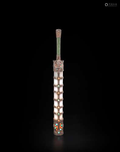 A JADE AND HARDSTONE UTENSIL SET WITH COLOREDSTONE AND SILVER MOUNTS