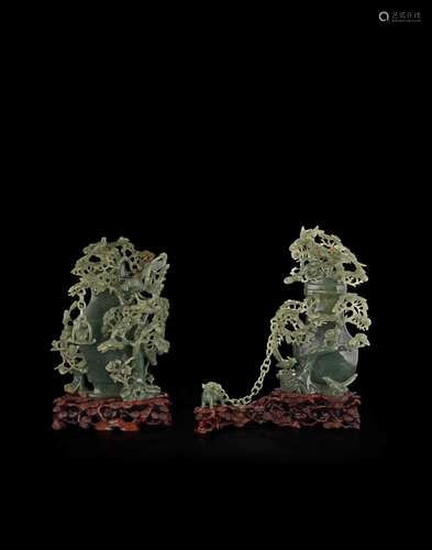 TWO RETICULATED SPINACH JADE COVERED VASES