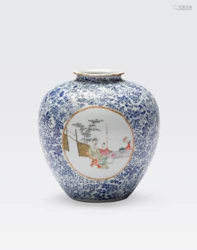A FAMILLE ROSE AND BLUE ENAMELED OVOID JAR