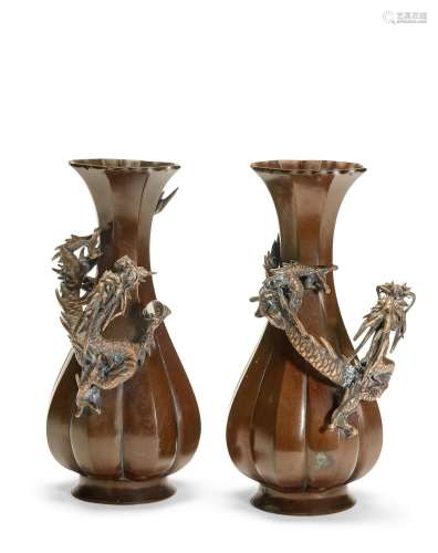 A PAIR OF PATINATED BRONZE ‘DRAGON’ VASES