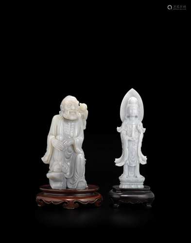 TWO CARVED JADEITE FIGURES OF IMMORTALS