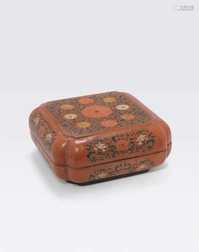 A POLYCHROME LACQUER SQUARE BOX AND COVER