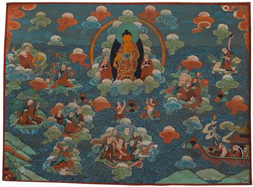 A THANGKA OF SHAKYAMUNI ANDARHATS