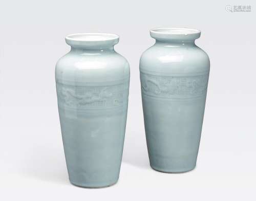 A PAIR OF SKY BLUE GLAZED BALUSTER VASES WITHDRAGON BAND DECORATION