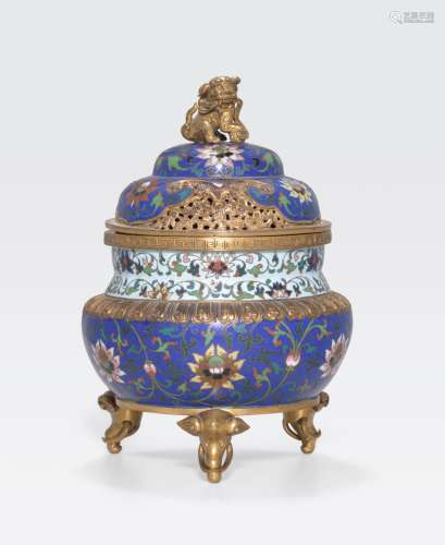 A BLUE GROUND CLOISONNÉ ENAMELED CENSER ANDCOVER
