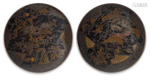 A PAIR OF LACQUER DECORATED BRONZE PLATES