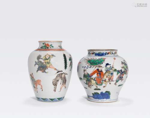 TWO WUCAI ENAMELED JARS WITH FIGURAL DECORATION