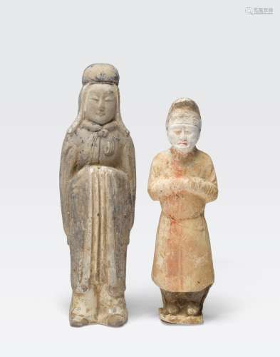 TWO PAINTED POTTERY TOMB FIGURES