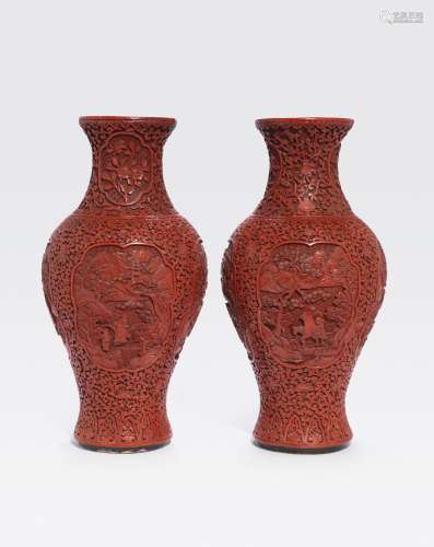 A PAIR OF CINNABAR LACQUER VASESLate Qing dynasty