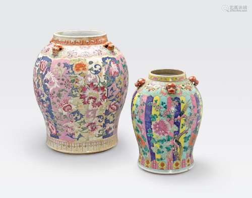 TWO FAMILLE ROSE ENAMELED GINGER JARS WITHVERTICAL STRIPE BACKGROUNDS