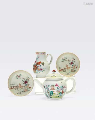 A GROUP OF FOUR FAMILLE ROSE ENAMELED TEA ITEMS