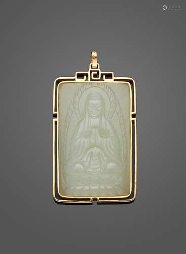 A MOUNTED WHITE JADE BUDDHISTPLAQUE