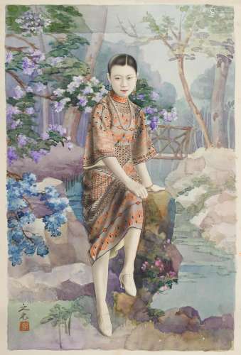 XIE ZHIGUANG (1899-1976)Lady in Landscape with Flowering Trees