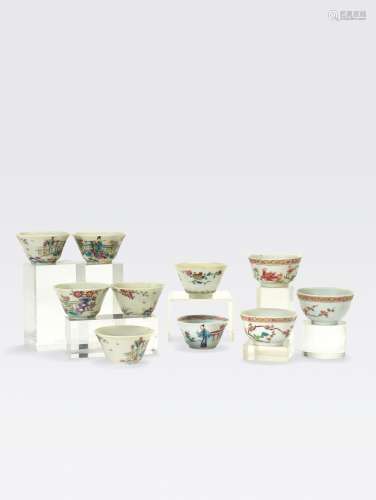 AN ASSEMBLED GROUP OF TEN SMALL FAMILLE ROSEENAMELED CUPS