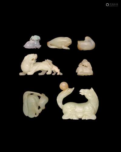 A GROUP OF SEVEN SMALL JADE ANIMAL MODELS
