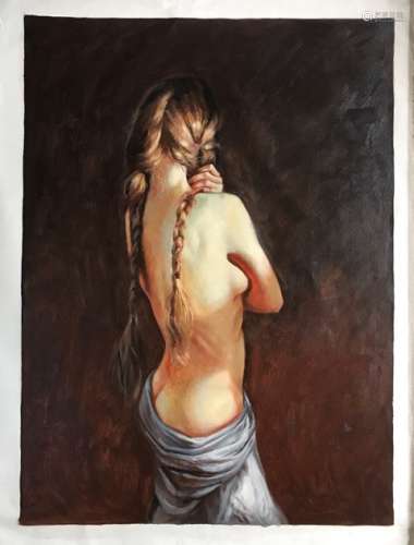 AN OIL PAINTING OF A HALF NAKED WOMEN