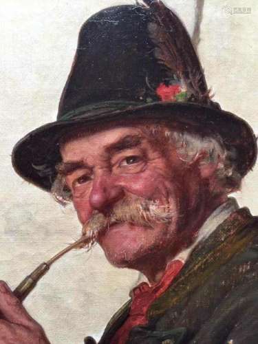 AN OIL PAINTING OF A SMOKING OLD MAN