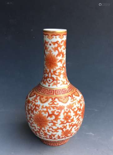 A GILT-DECORACTED COPPER RRED BOTTLE VASE, XUEDE SIX-CHARACTER MARK