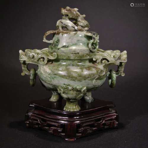 A JADE CARVED TRIPOD CENSER WITH WOOD STAND