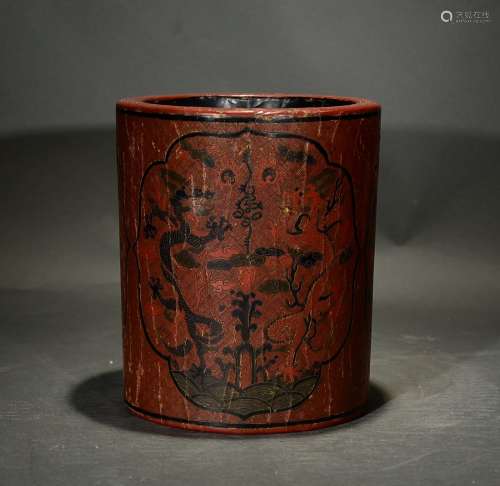 A RED LACQUER BRUSH POT