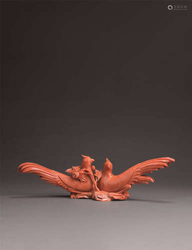 清18世纪 红珊瑚圆雕雉鸡牡丹摆件