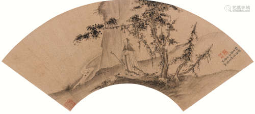 叶欣 1663年作 清 溪山策杖 镜框 水墨洒金