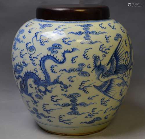 Chinese Blue and White Porcelain Jar w/ Wood Cover