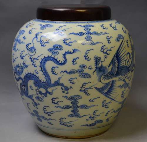 Chinese Blue and White Porcelain Jar w/ Wood Cover