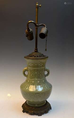 Chinese Celadon Porcelain on Bronze Base Lamp