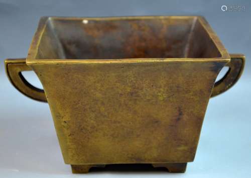 Chinese Bronze Cast Square Censer with Handles