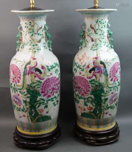 Pair of Chinese Famille Rose Porcelain Vase Lamps
