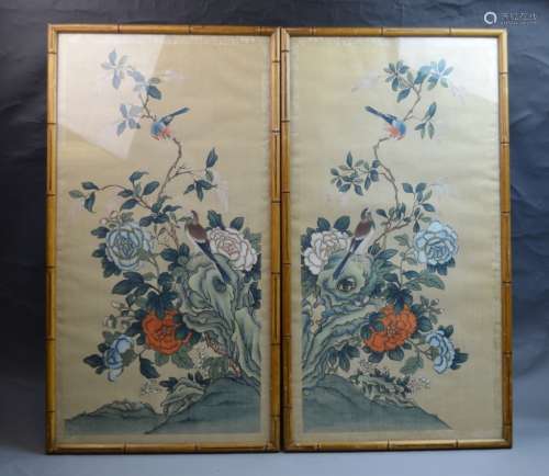 Pair of Chinese Framed Painting of Birds& Flowers