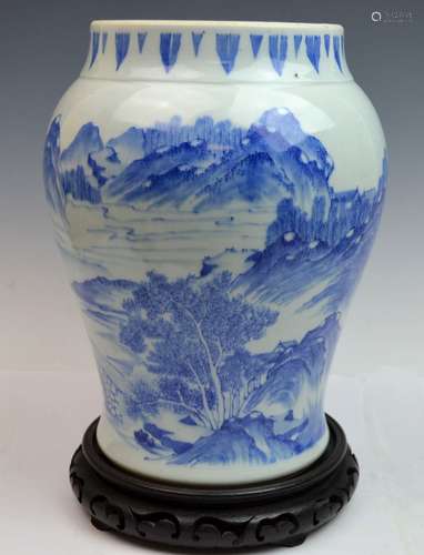 Chinese Blue and White Porcelain Jar on Wood Stand